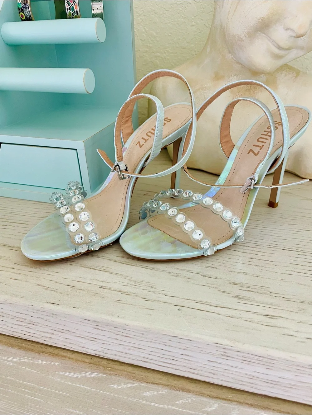 Schutz - Iridescent Crystal Strap Heeled Sandals - Light Aqua